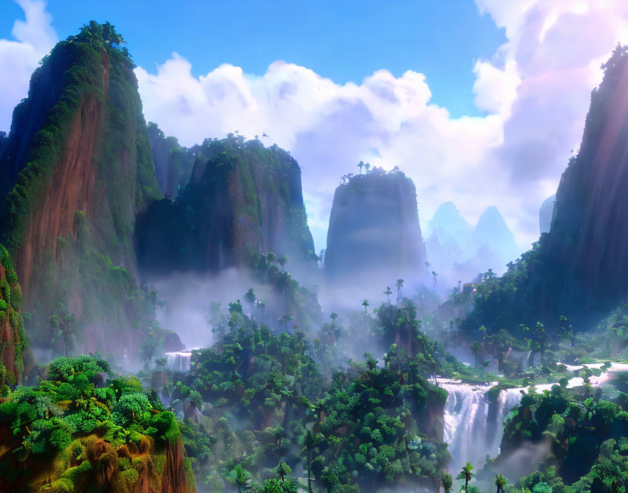 Mystical landscape with lush greenery, towering mountains, waterfall, and sunlight beams