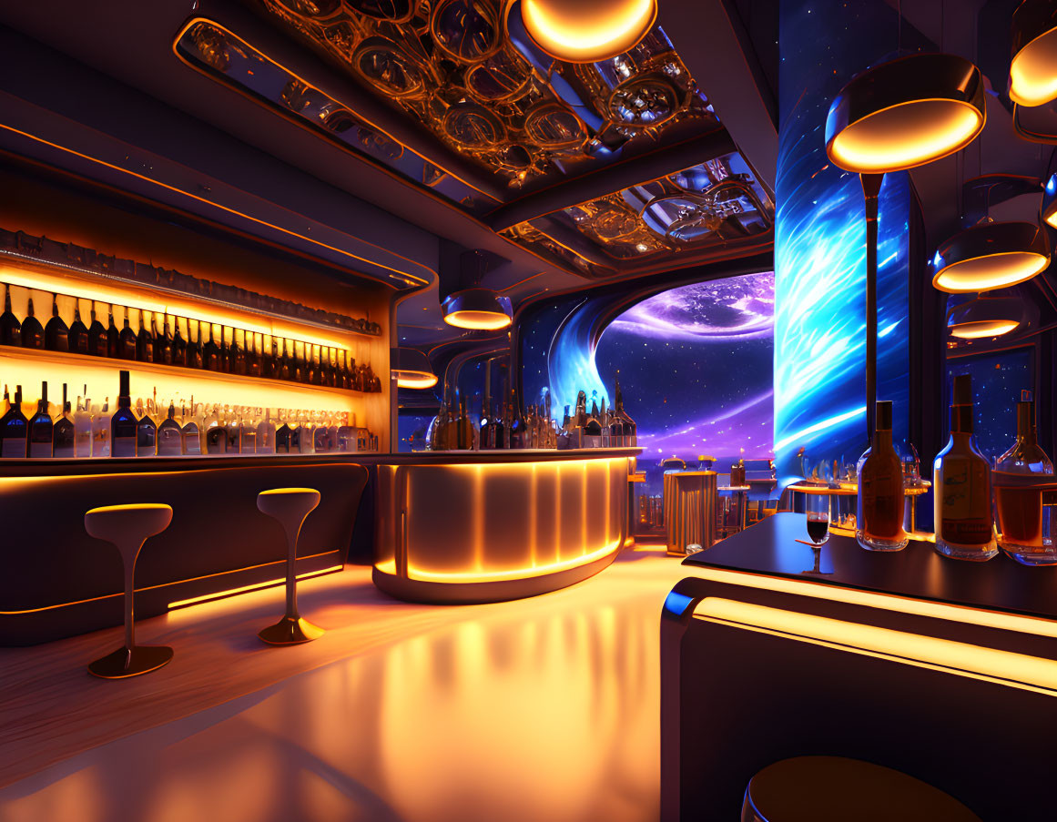 Sleek futuristic bar with orange lighting and space view