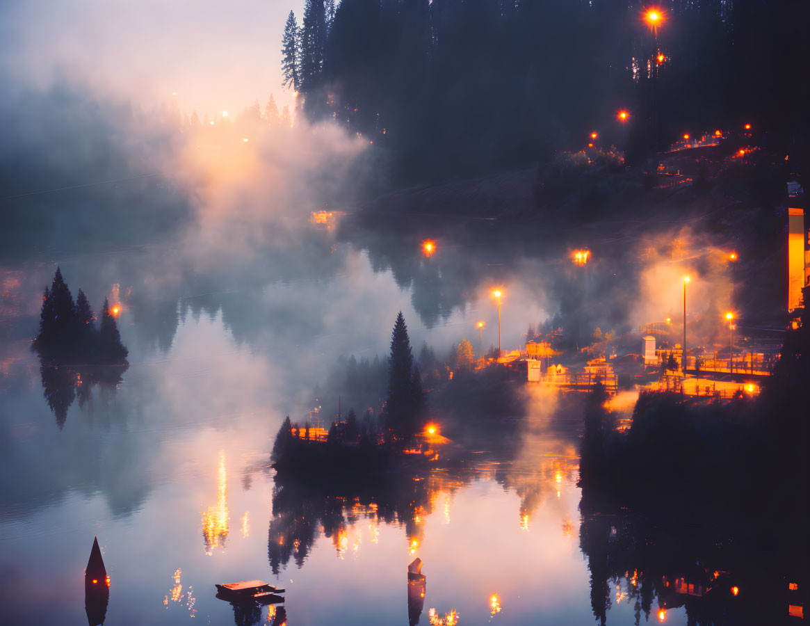 Tranquil lake at twilight with glowing lights and silhouetted trees