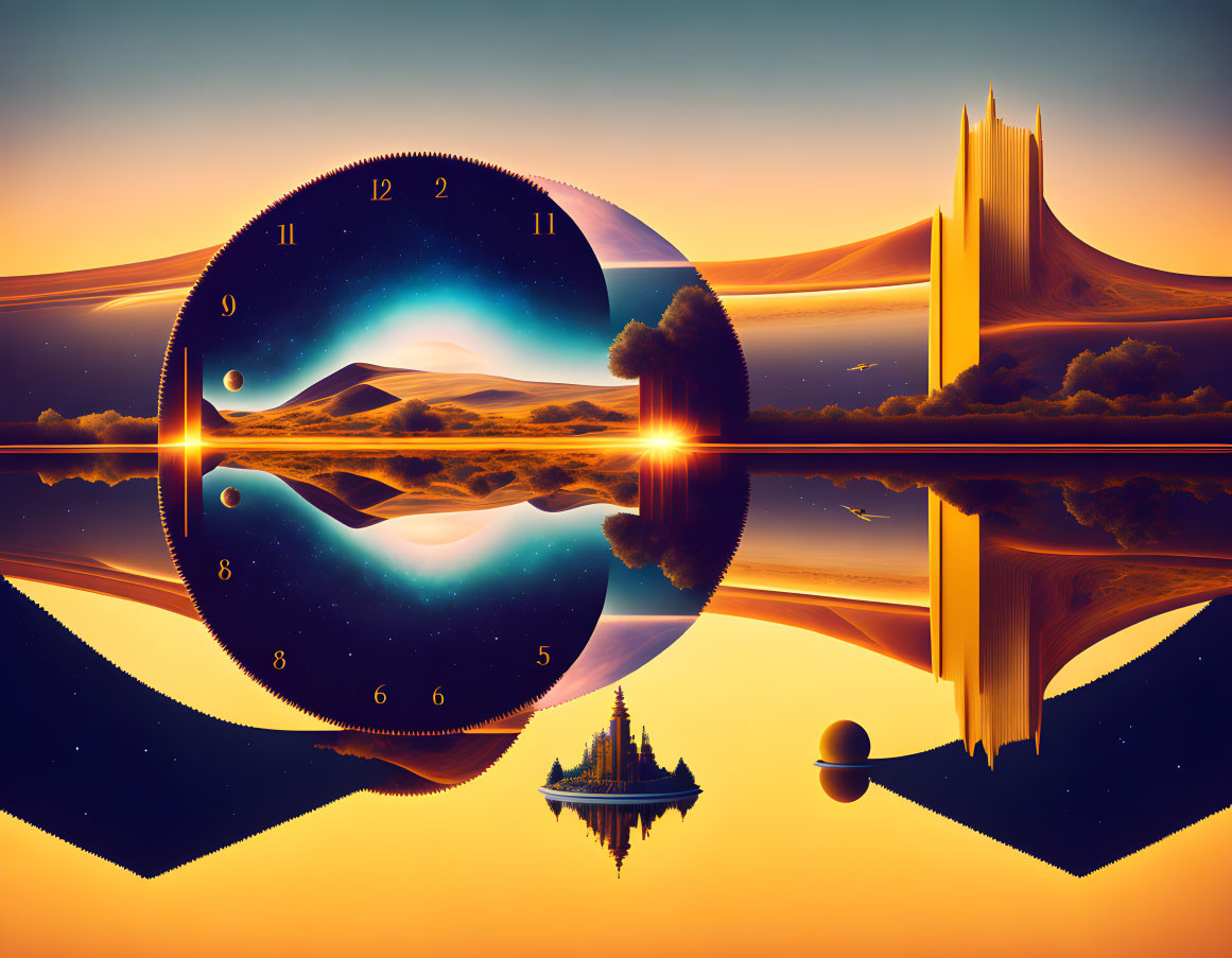 Surreal landscape with clock portal, mirrored desert, futuristic structures, vivid sunset.