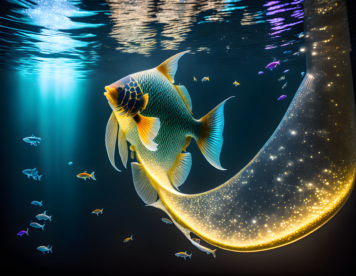 Colorful digital art: Large ornate fish with glowing trail swims among smaller fish in shimmering water