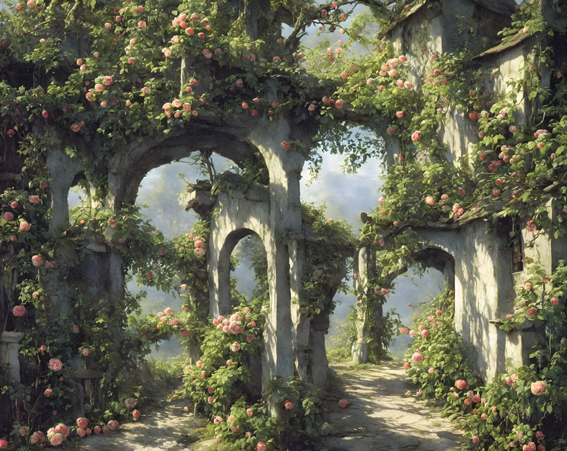 Stone path with archways covered in green vines and pink roses under sunlight