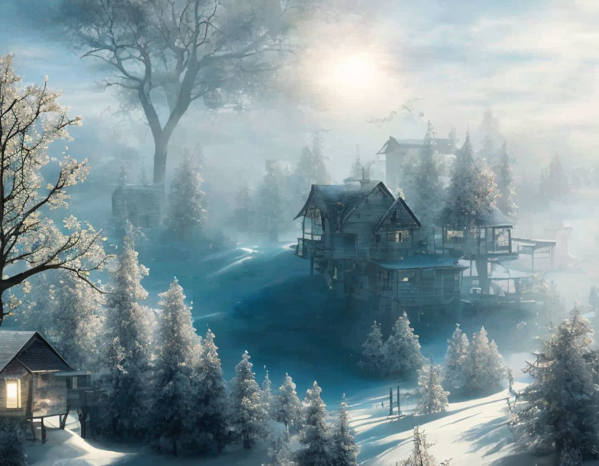 Snow-covered winter scene with glowing light on trees and houses