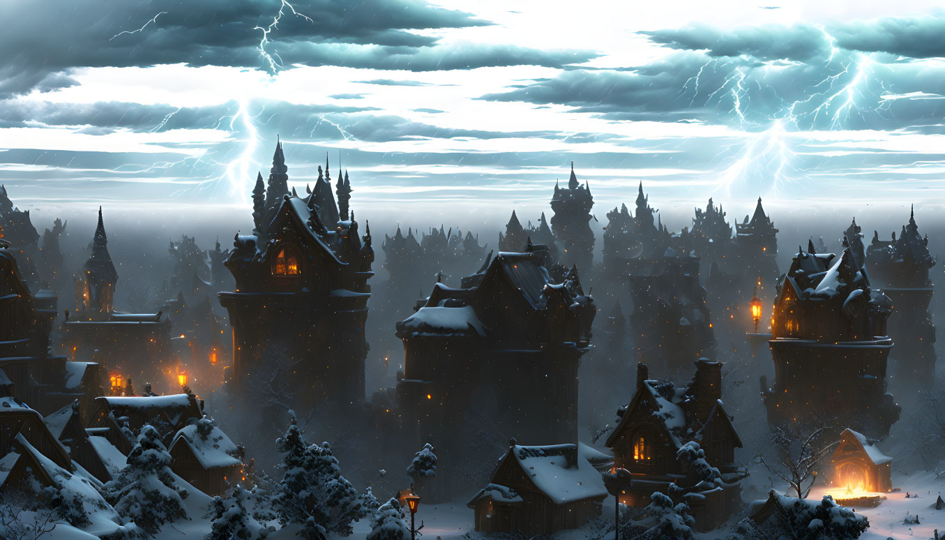 Snowy Fantasy Landscape: Night Sky, Lightning, Silhouetted Castle Structures