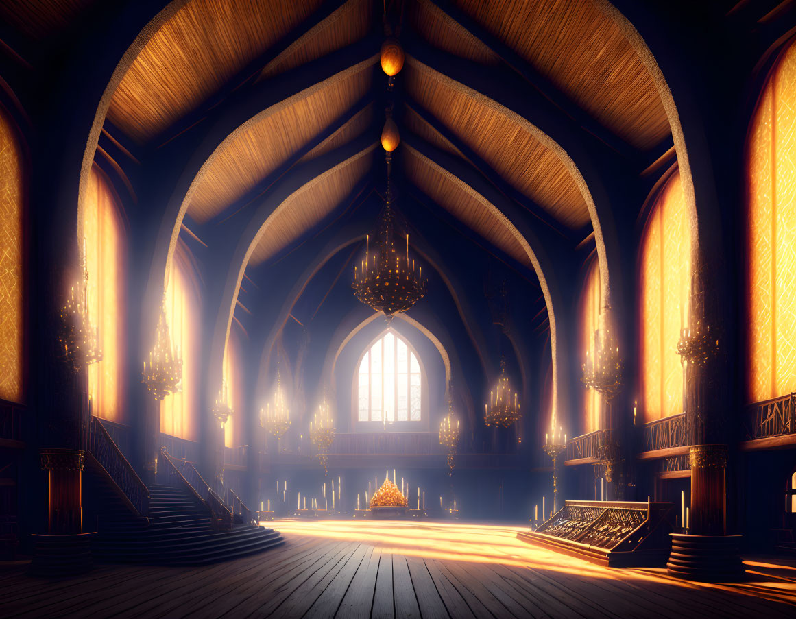 Medieval hall with grand arches and central throne in warm sunlight