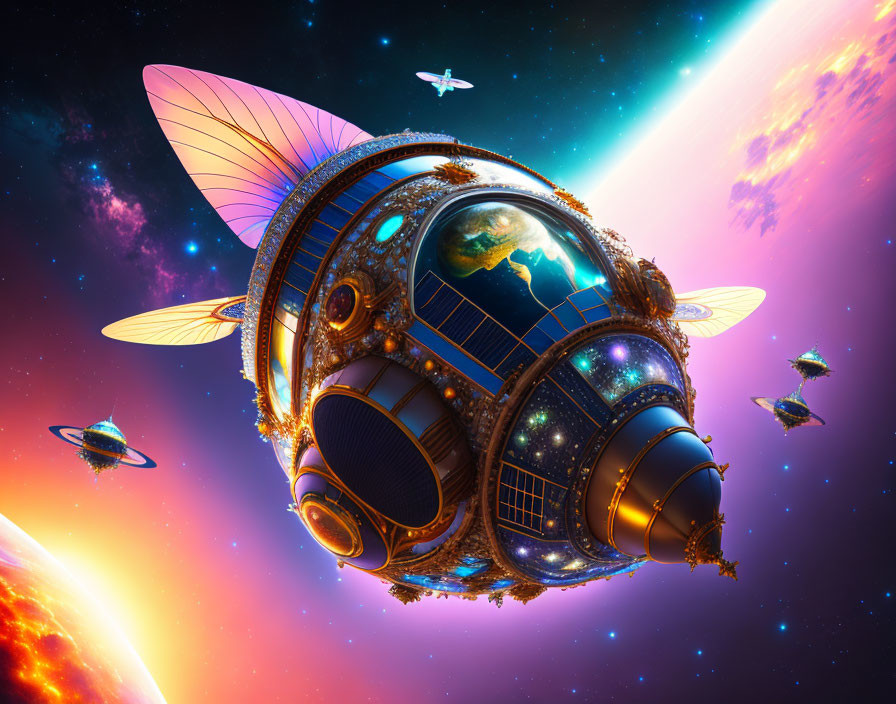 Whimsical spaceship with butterfly wings in vibrant space scene