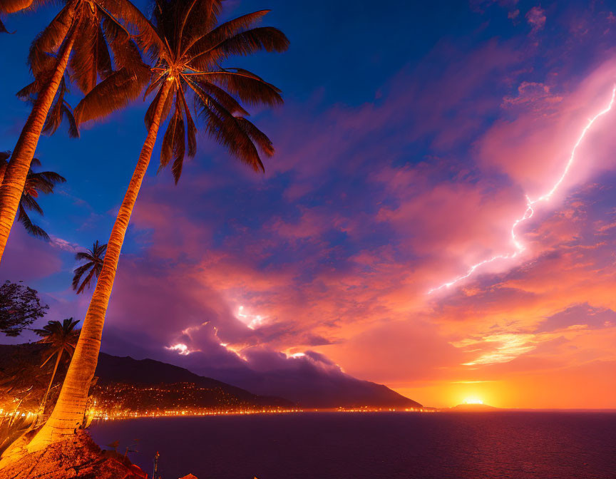 Tropical sunset with lightning over ocean, palm trees & mountains under purple sky