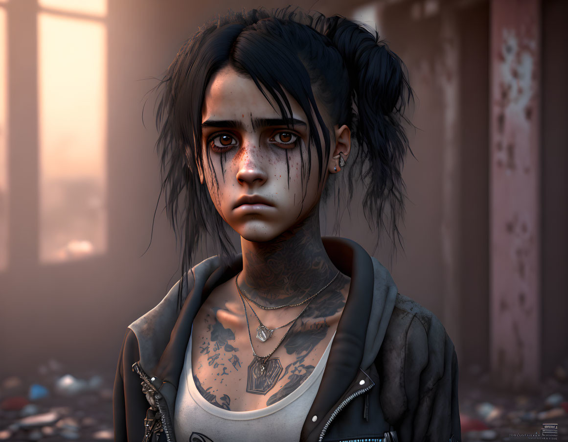 Young woman with tattoos in grey jacket and pigtails in somber expression.