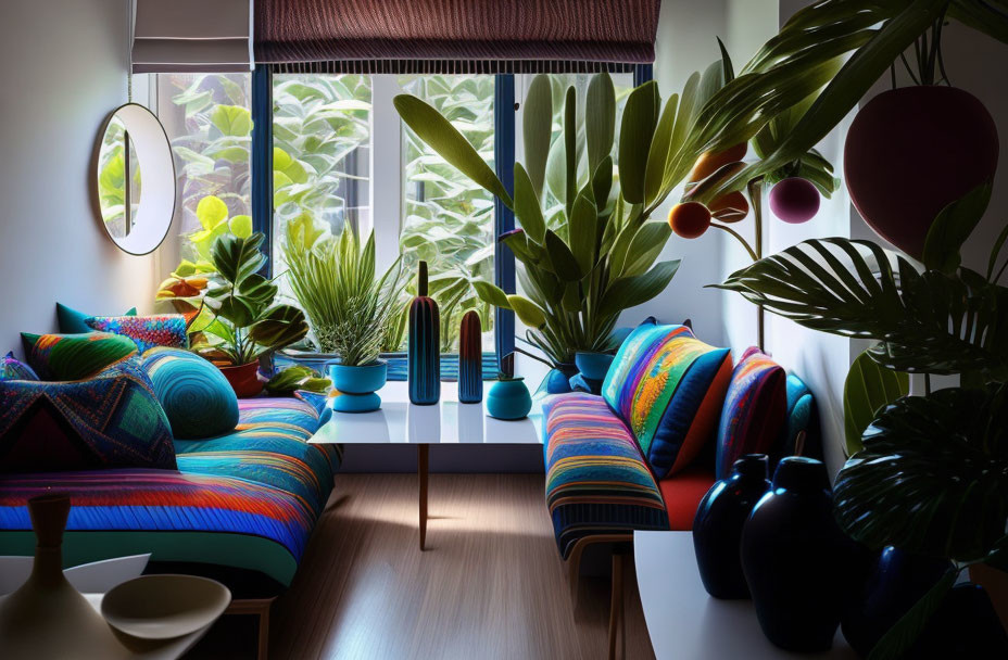 Vibrant Bohemian Interior with Colorful Cushions, Indoor Plants, and Decorative V