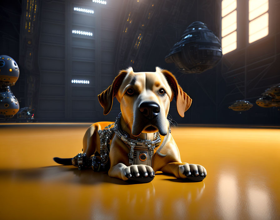 Futuristic 3D-rendered image of cybernetic dog in sci-fi setting