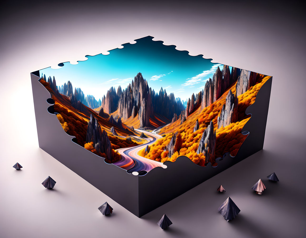 Autumn Landscape 3D Puzzle Piece with Winding Road and Colorful Trees