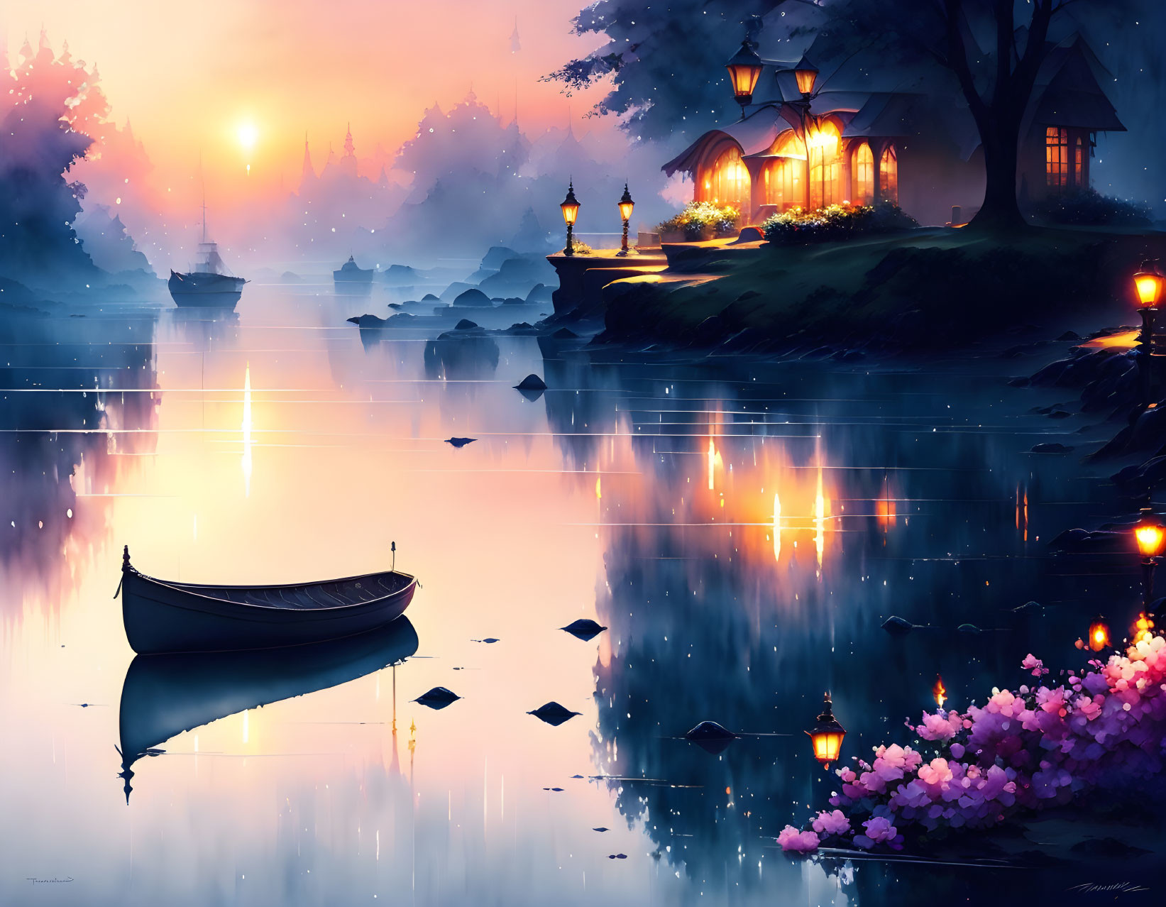 Tranquil lake cottage with lanterns, boat, and blossoms under twilight sky