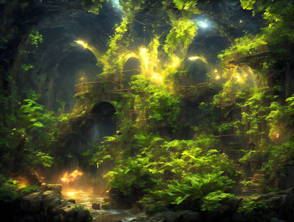 Verdant forest with mystical ruins, glowing lights, and serene stream