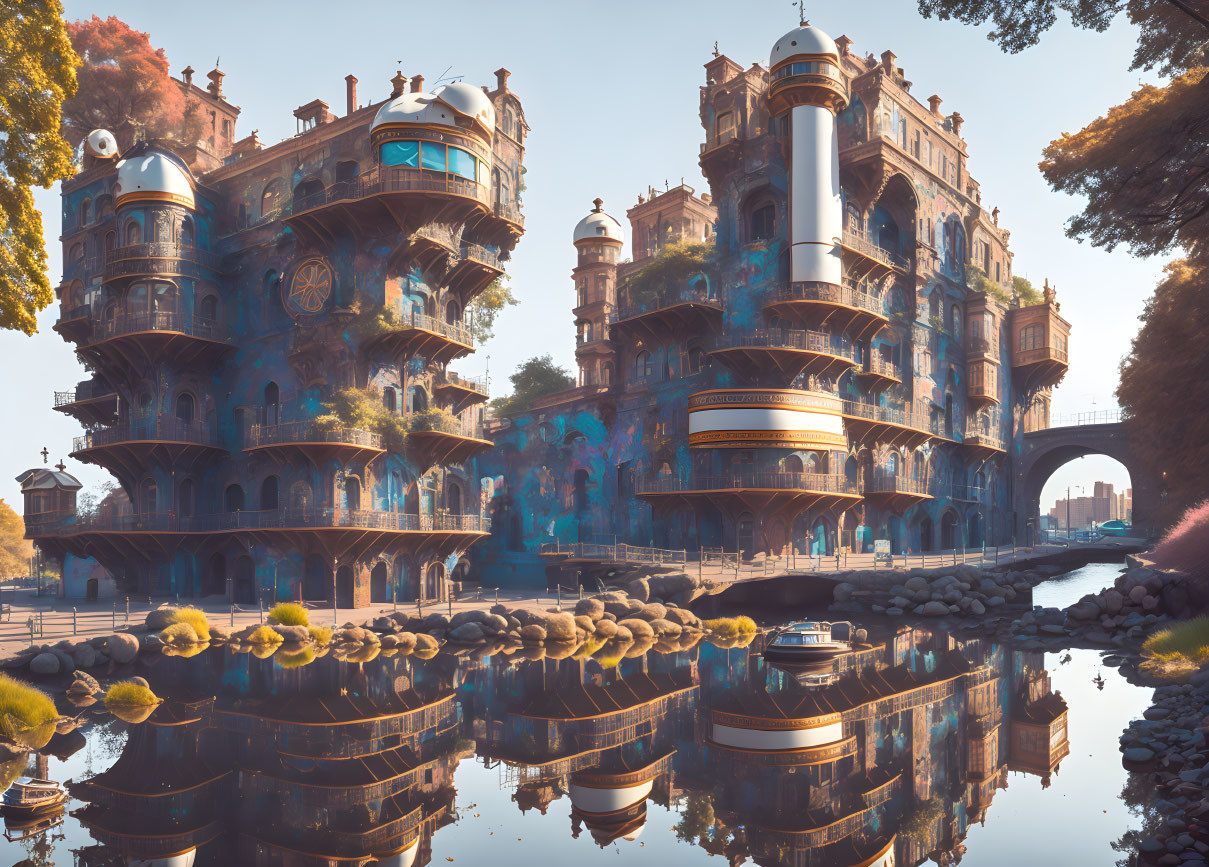 Serene steampunk-inspired fantasy landscape with ornate architecture