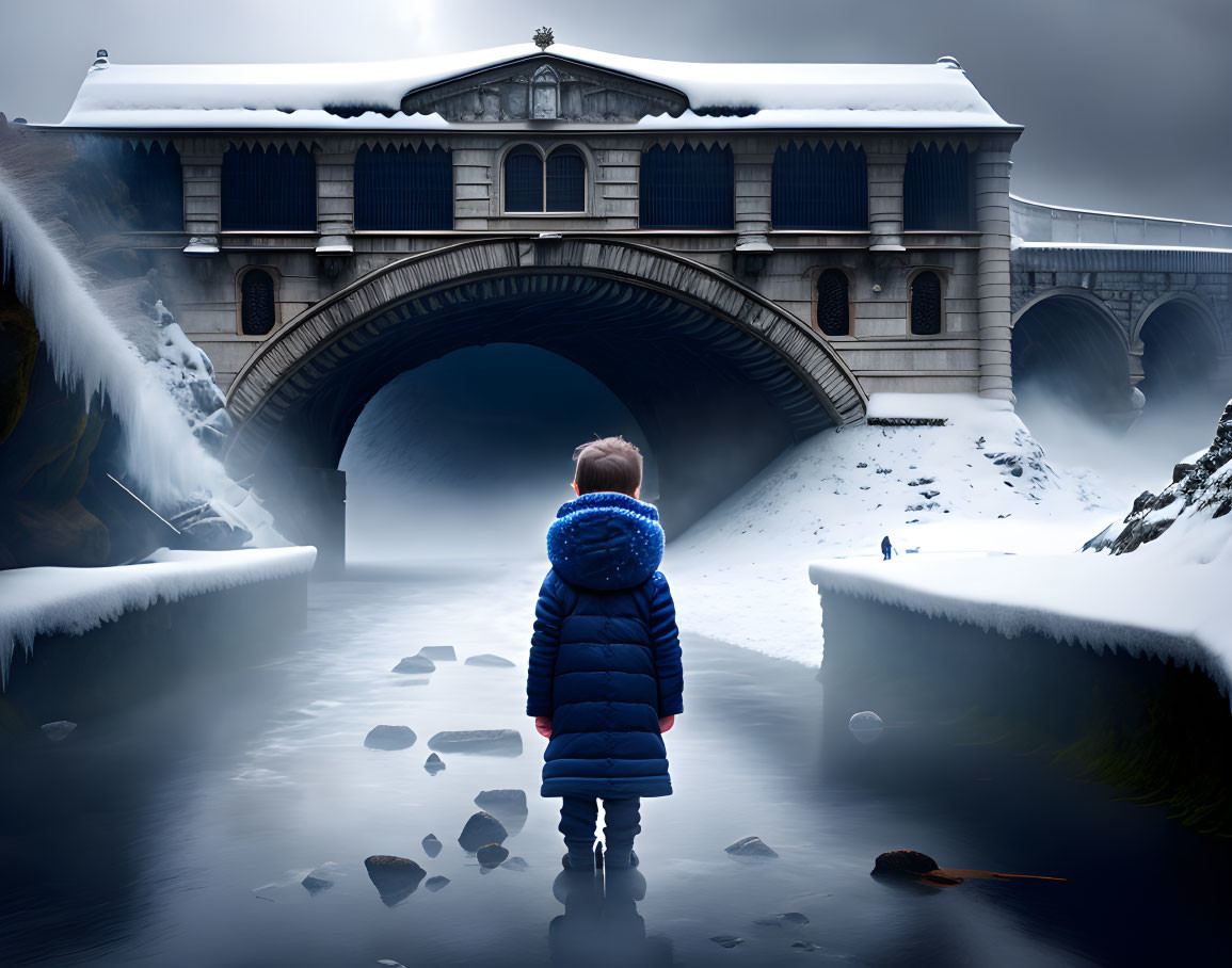 Child in Blue Jacket Stands by Snowy Bridge