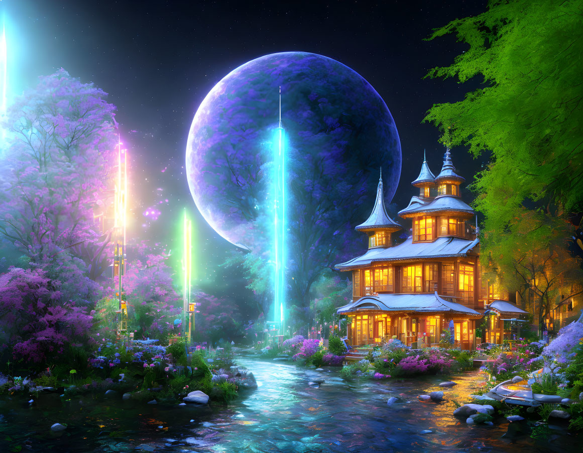 Fantastical landscape with traditional house, stream, massive moon, and fluorescent flora