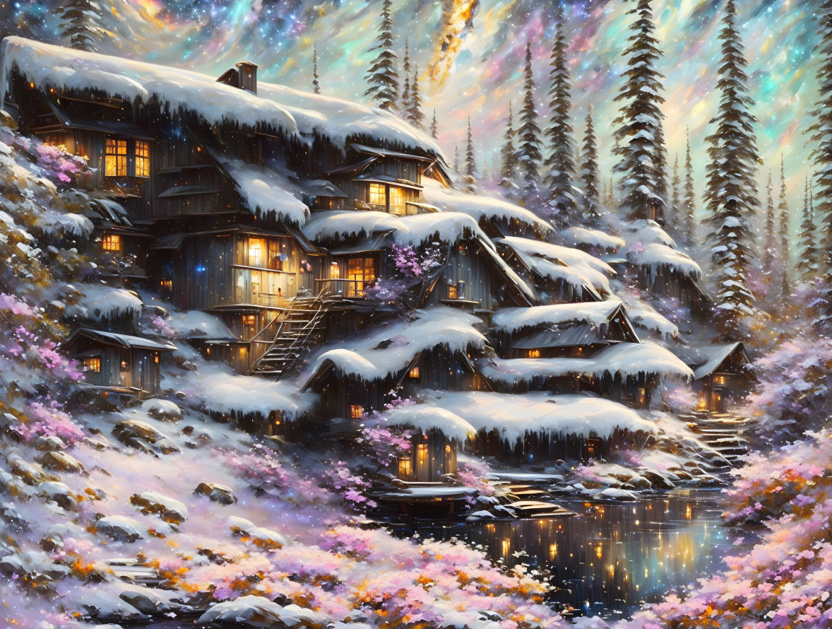 Snow-covered lodge nestled among trees with pink flowers by tranquil pond under twilight sky