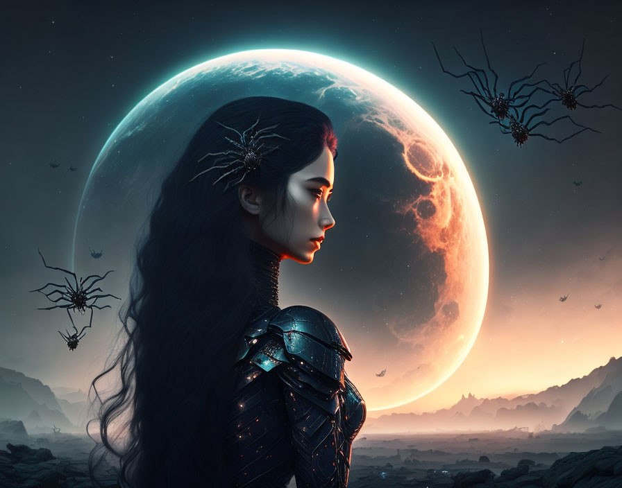 Fantasy armored woman with glowing moon in night landscape