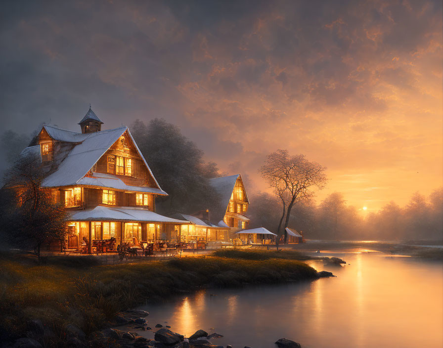 Tranquil dusk scene: Two-story house by river, golden sunlight, dramatic clouds