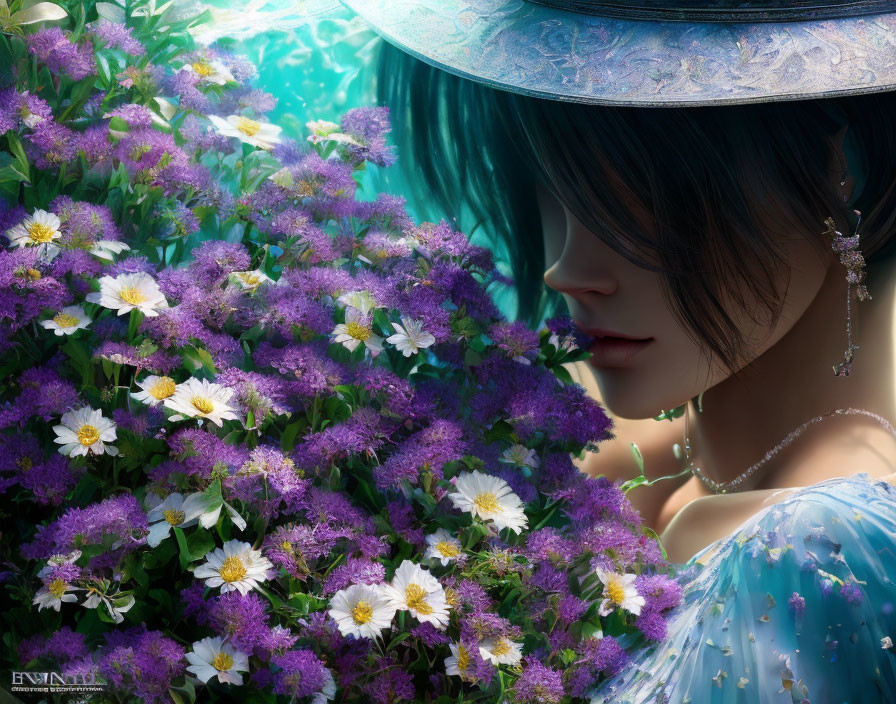 Woman in Wide-Brimmed Hat Surrounded by Purple and White Flowers