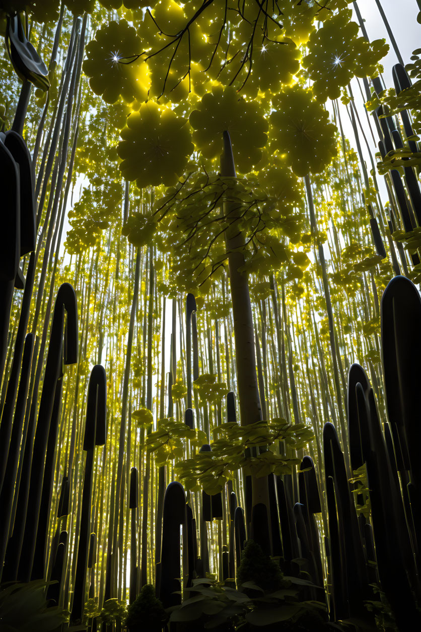 Tall Black Trunks with Luminous Yellow-Green Treetops