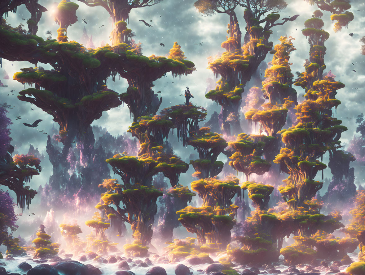 Fantastical landscape with towering mushroom-like trees and floating islands