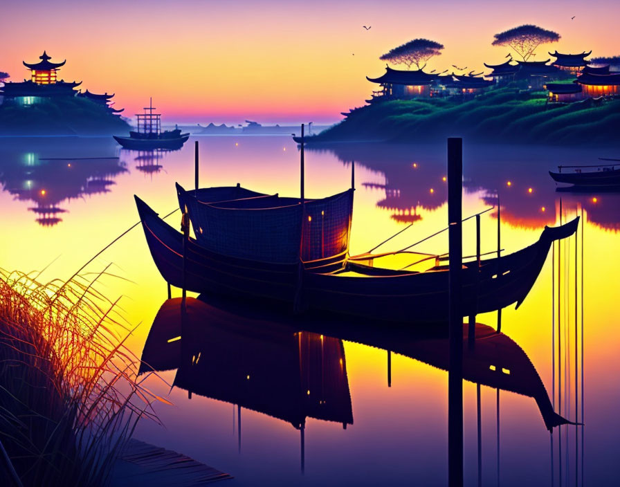 Tranquil twilight scene with traditional boat, Asian pagodas, and colorful sky