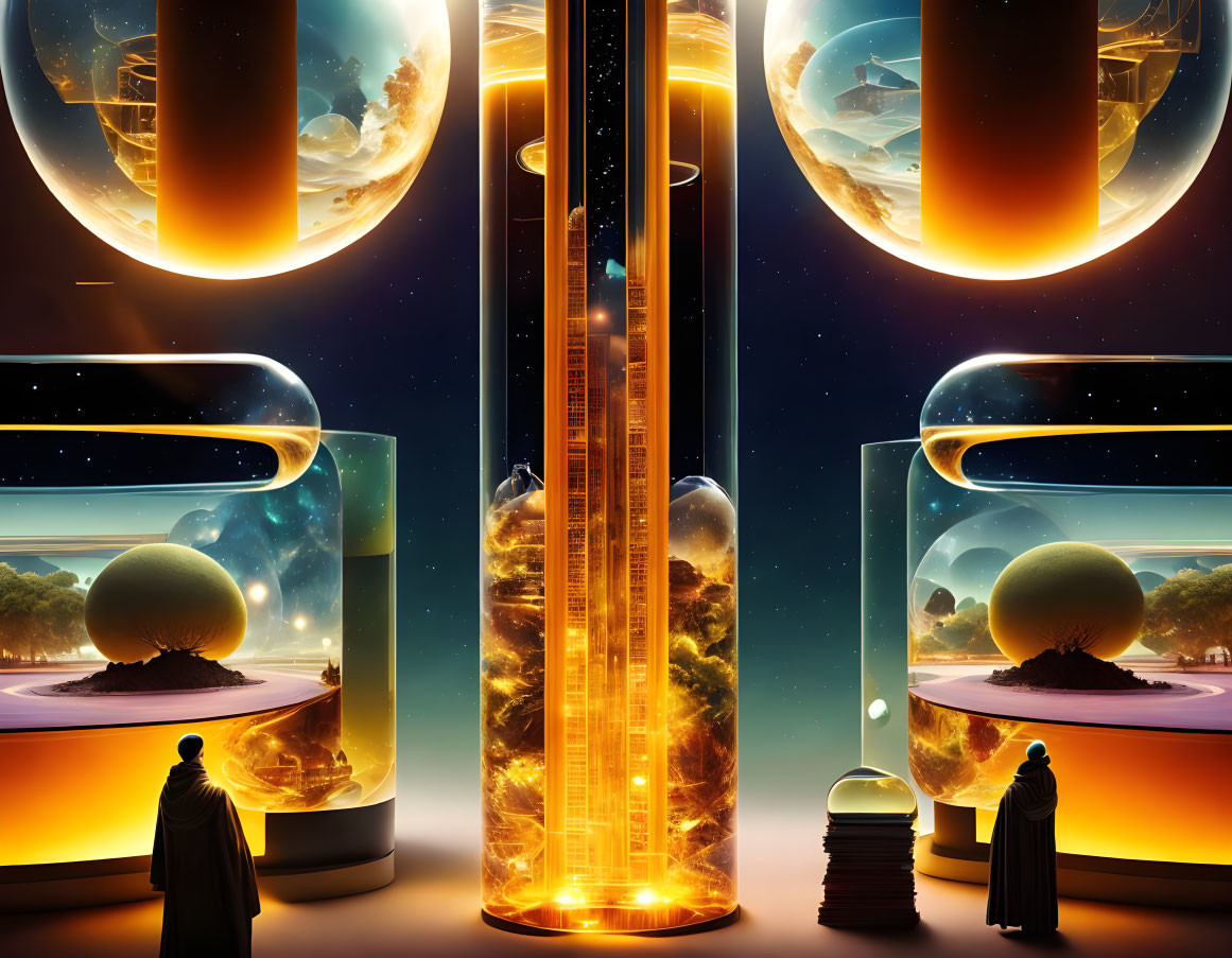 Surreal sci-fi scene with figures, cylindrical structures, and floating orbs