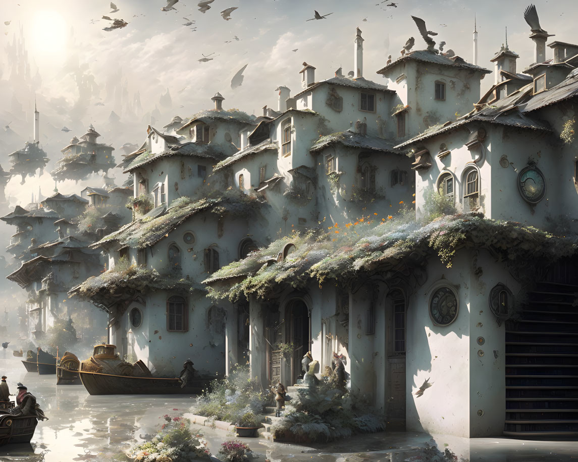 Tranquil Fantasy Village on Hillside with Boat and Birds