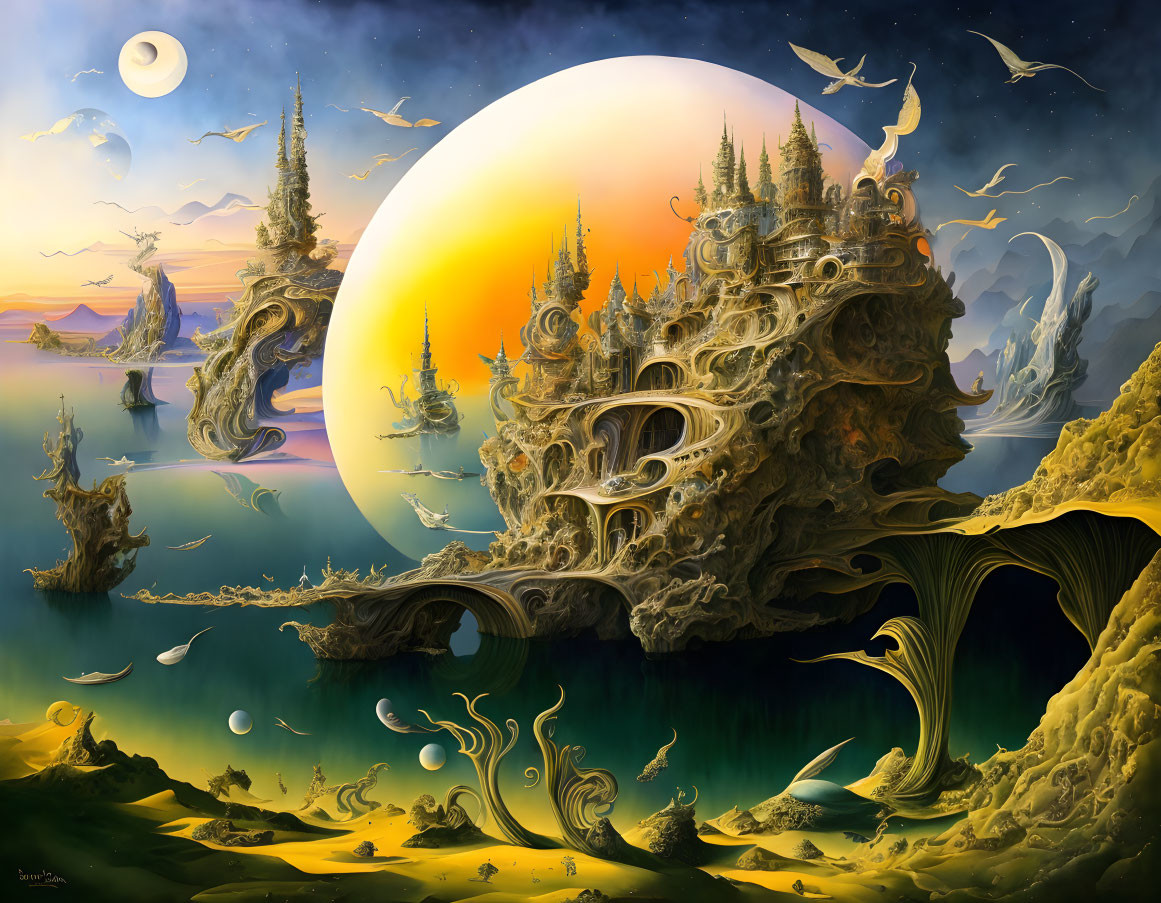 Fantastical landscape with floating islands and surreal castles under a celestial sky