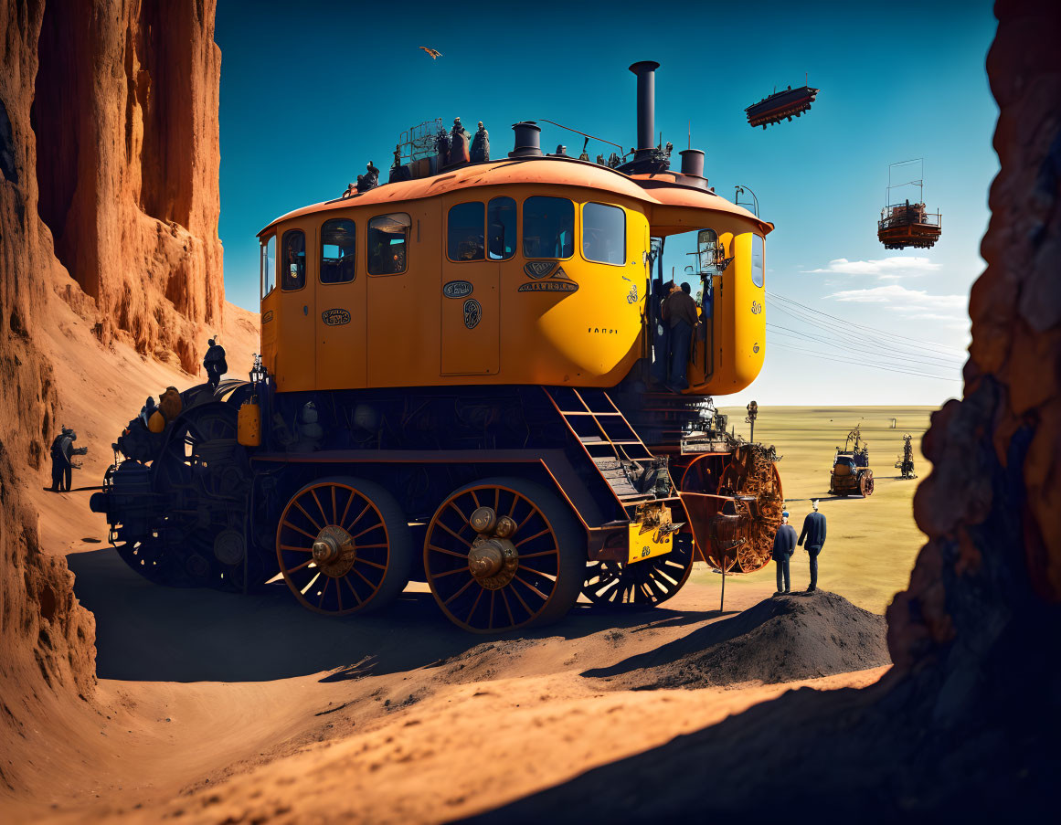 Colorful steampunk scene: yellow vintage train, flying ships, desert backdrop, people exploring