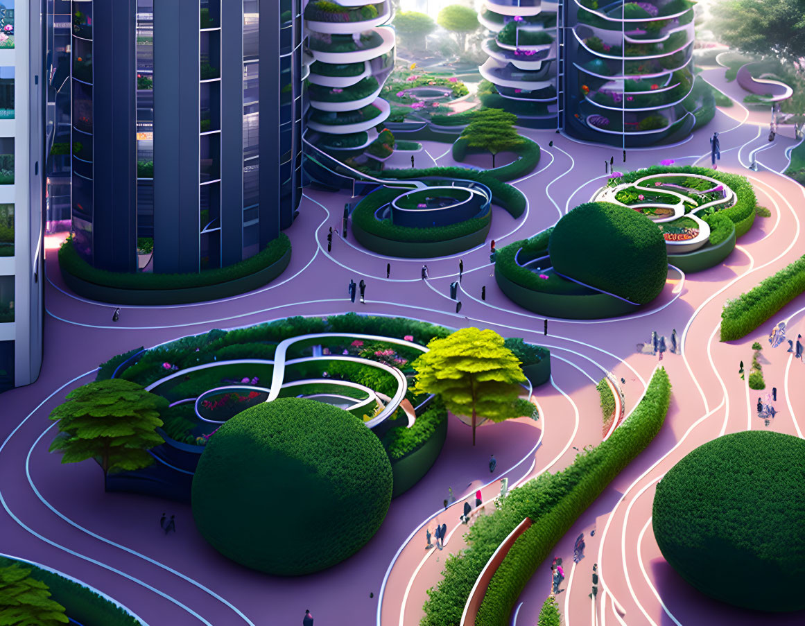 Futuristic urban park with lush greenery and innovative curved structures at twilight