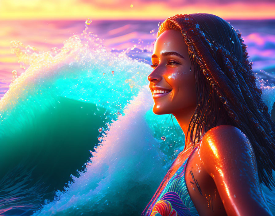 Woman with wet hair on beach at sunset with vibrant colors and sparkling water droplets