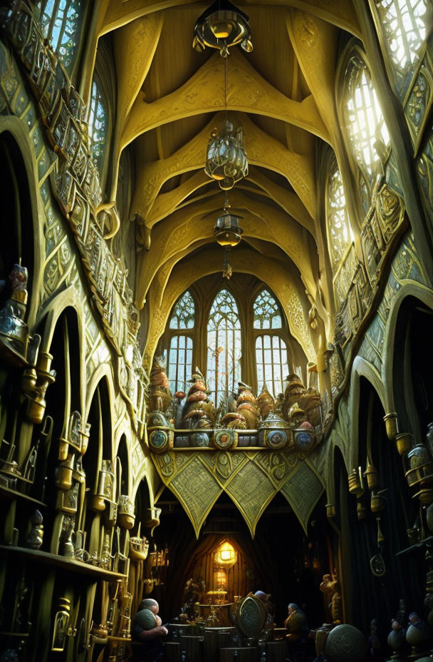 Medieval-style Hall with High Ceilings and Golden Carvings