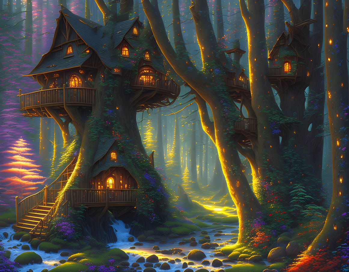 Enchanting treehouse in magical forest with glowing windows