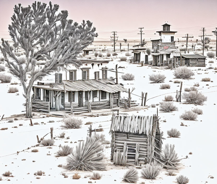 Abandoned Western Ghost Town in Snowy Desert Landscape