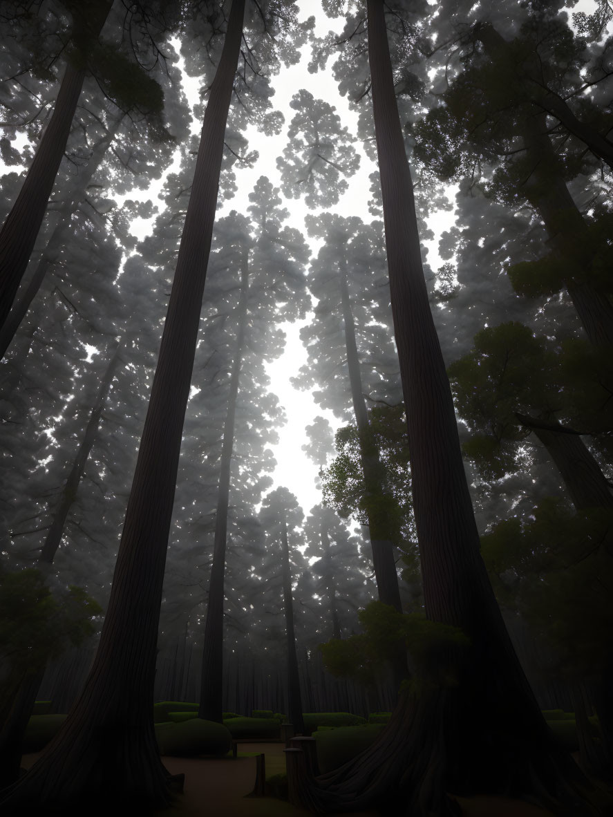 Mystical forest with towering misty trees in soft light