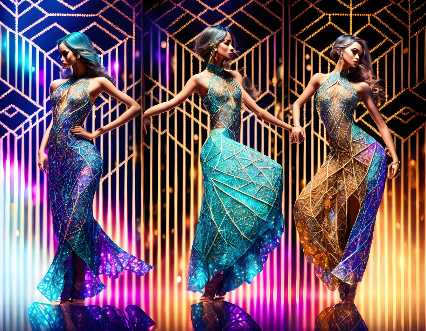 Three identical images of a woman in futuristic blue and gold dress against neon-lit geometric backdrop