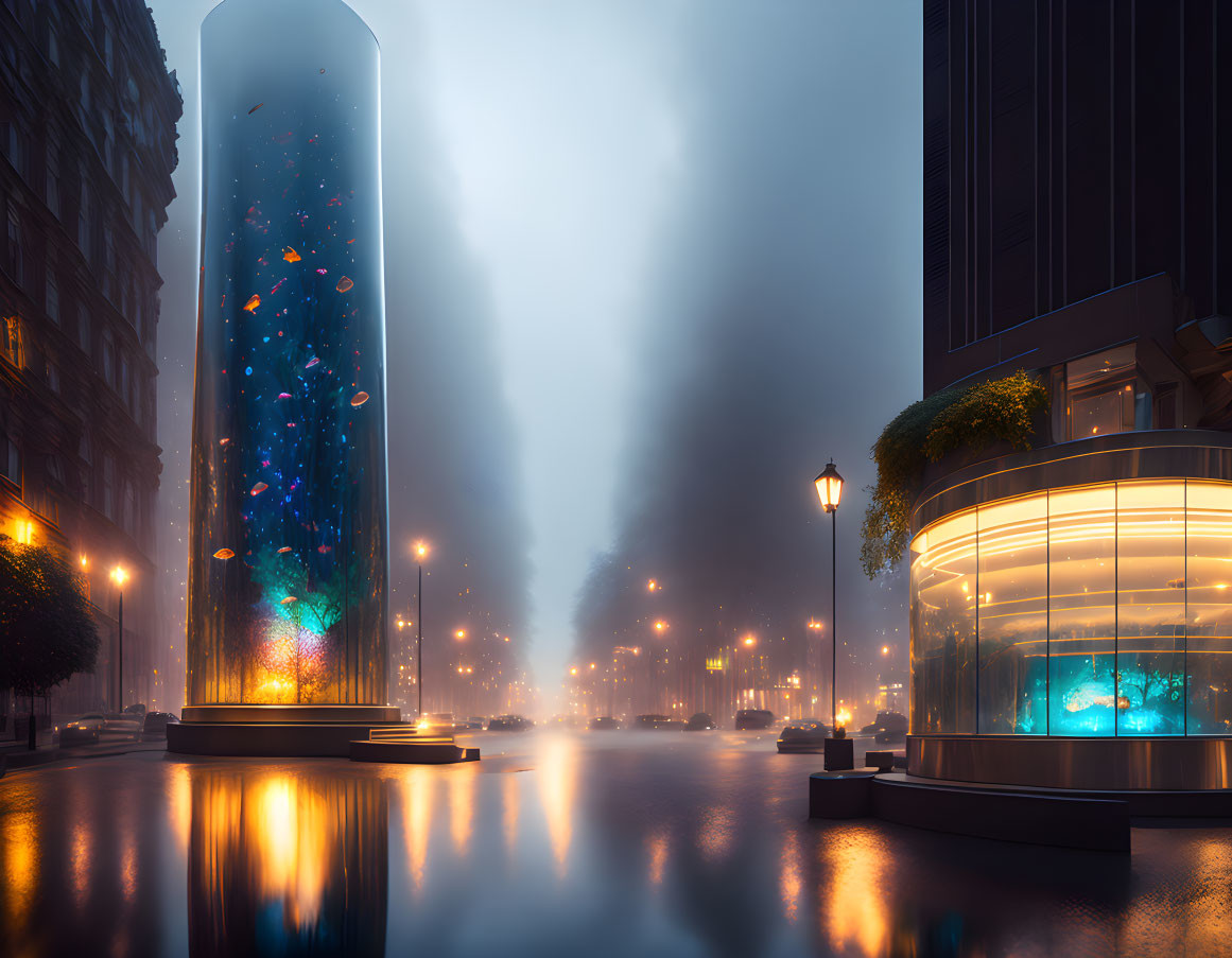 Futuristic cityscape with illuminated buildings, transparent tower, floating colorful lights, mist, dusk sky