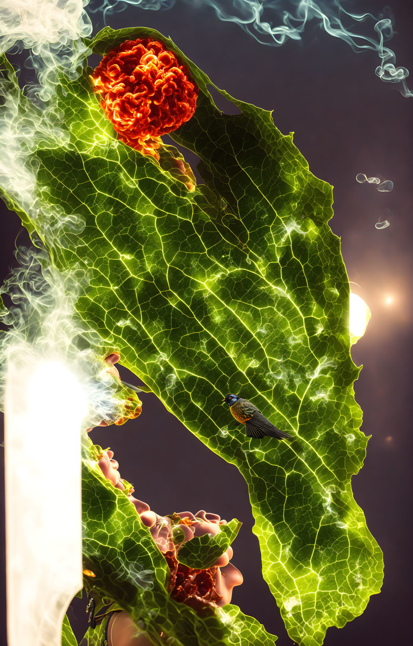 Detailed vein pattern on vibrant leaf with insect against dark background