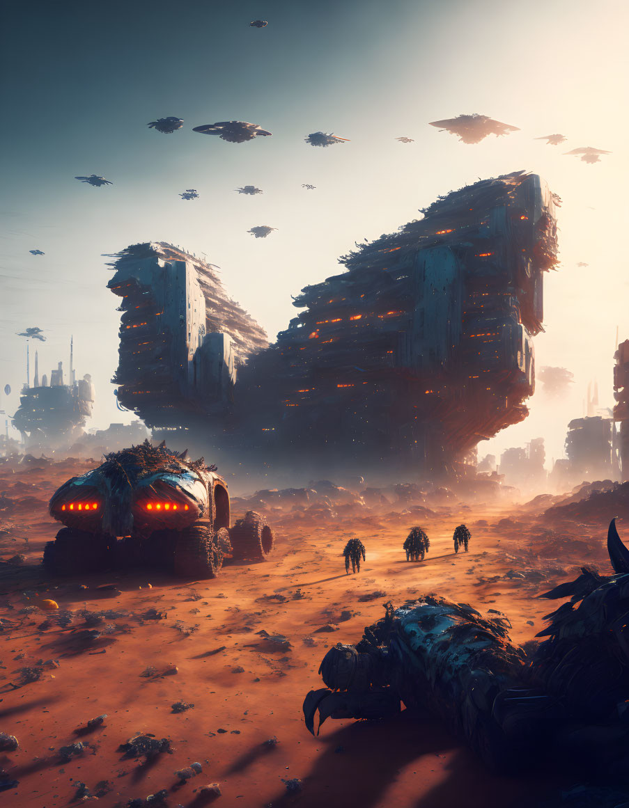 Colossal spaceships hover over futuristic desert landscape