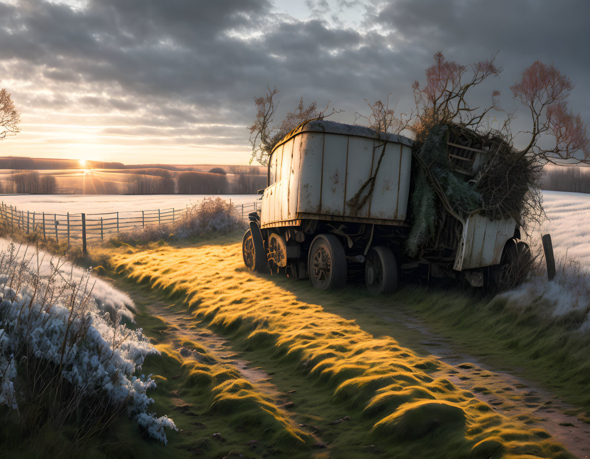 Overgrown trailer beside snowy path at sunset by tranquil lake