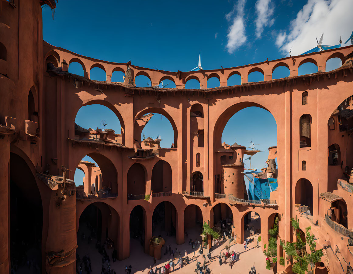 Bustling open-air courtyard with terracotta buildings and blue accents