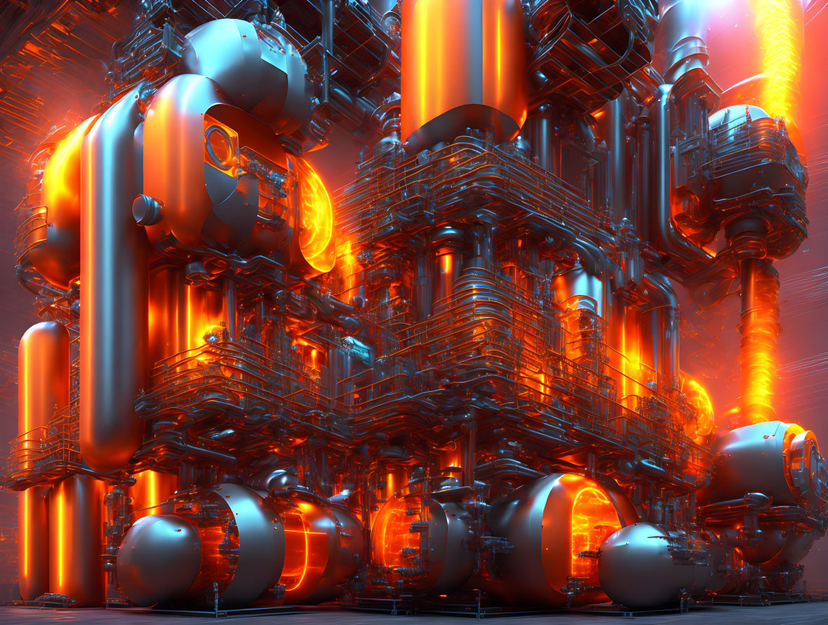 Futuristic industrial scene with glowing orange energy and intricate metallic structures