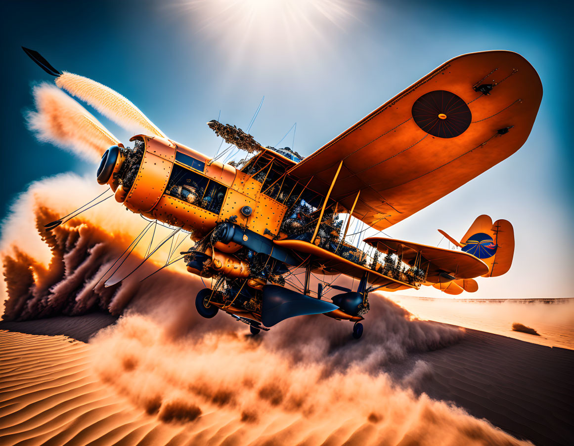 Vintage Orange Biplane Flying over Desert Dunes