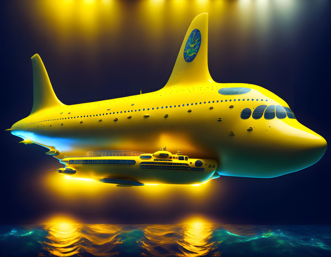 Yellow submarine underwater with airplane design and glowing lights