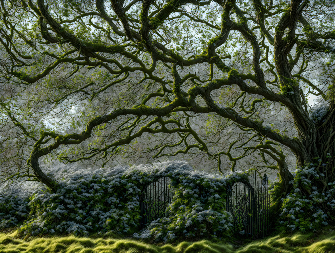 Ethereal garden with moss-covered branches and wrought iron gate