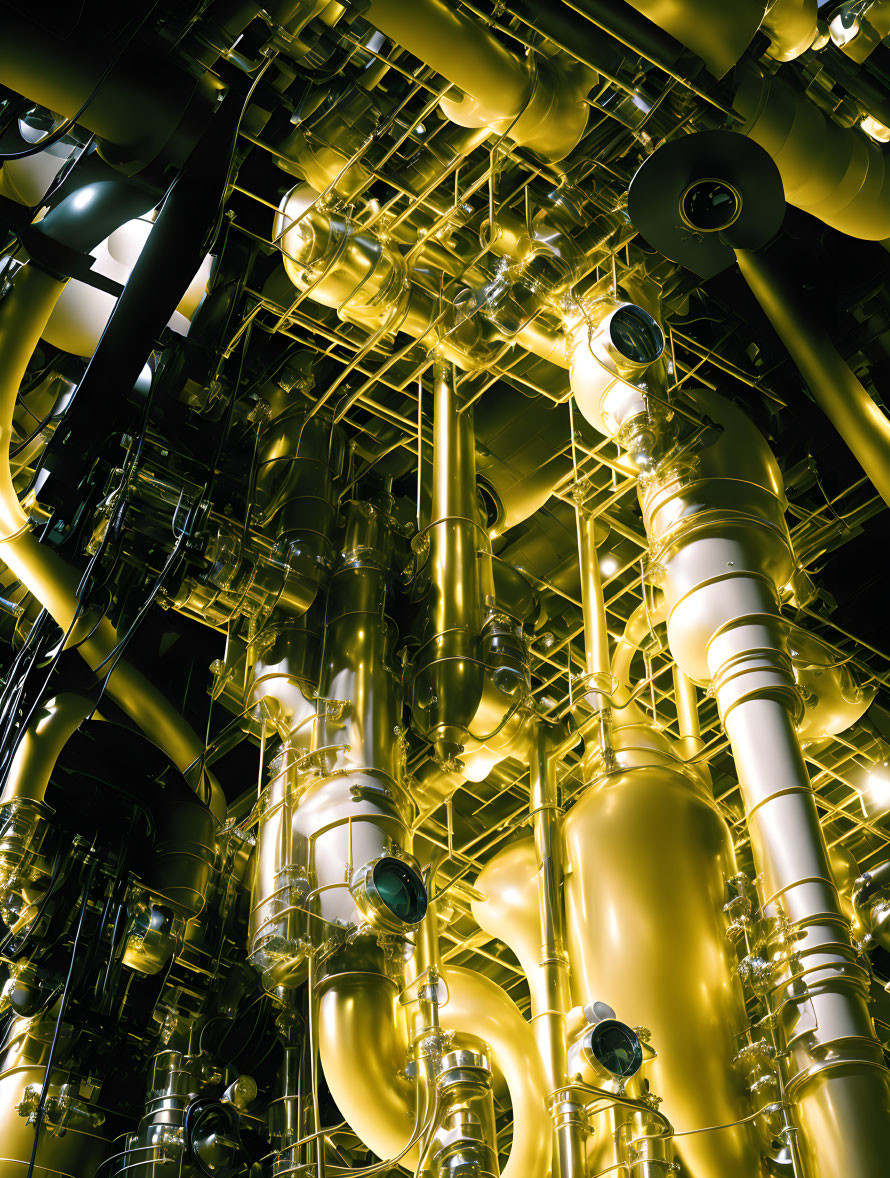 Reflective golden pipes and tanks with valves in intricate network.