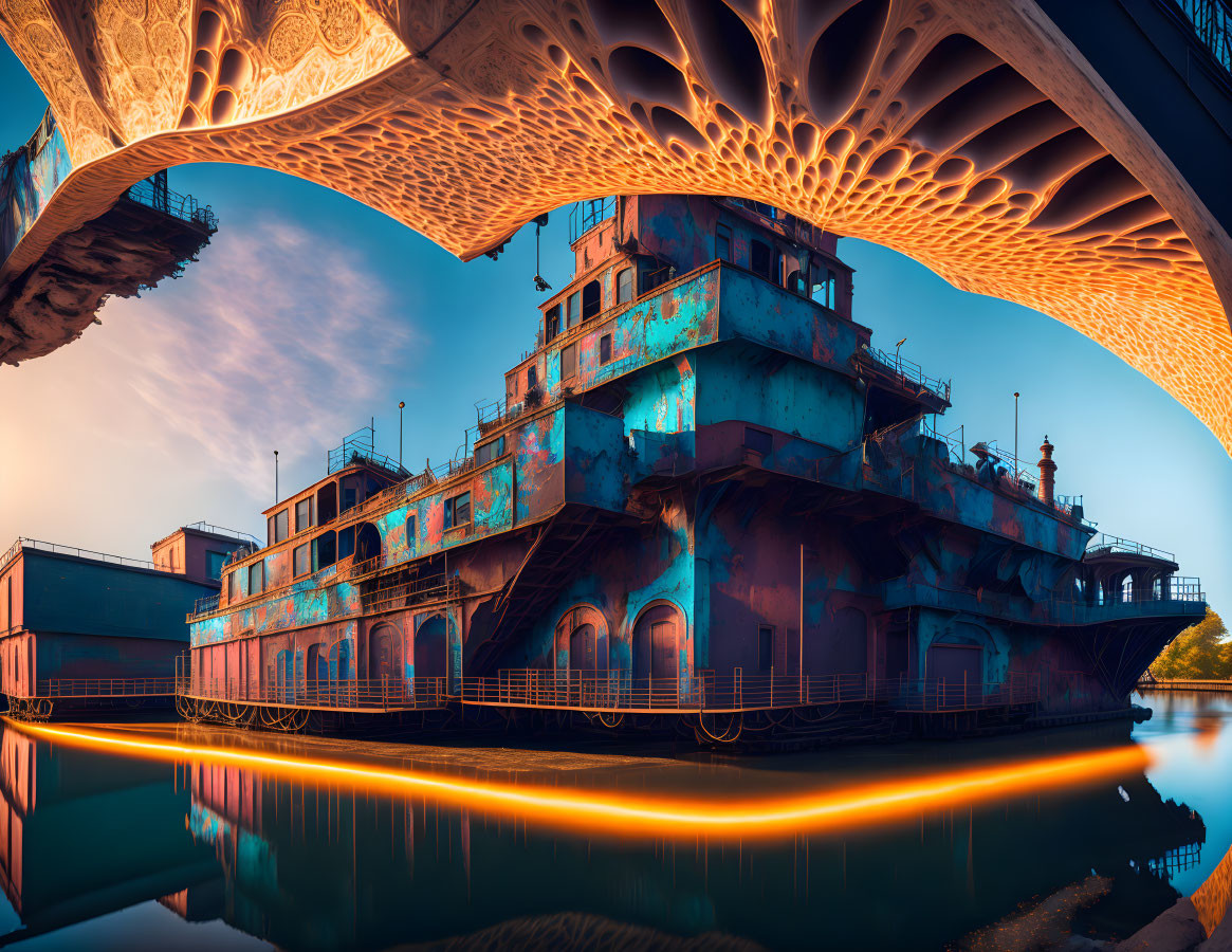 Rusted futuristic ship with ornate detailing under a bridge at sunrise/sunset.