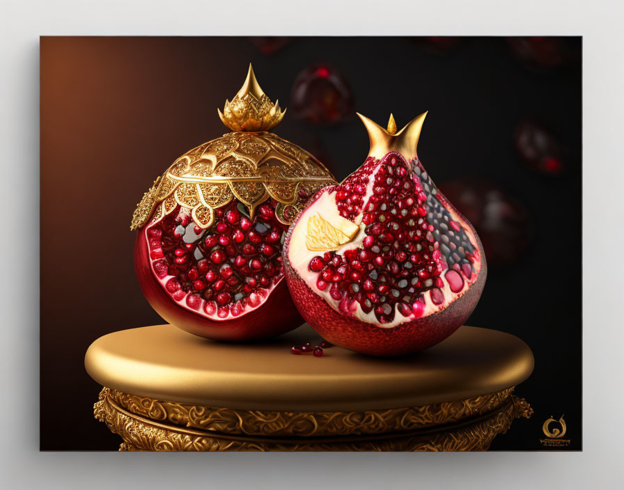 Pomegranate with Golden Crown on Dark Background